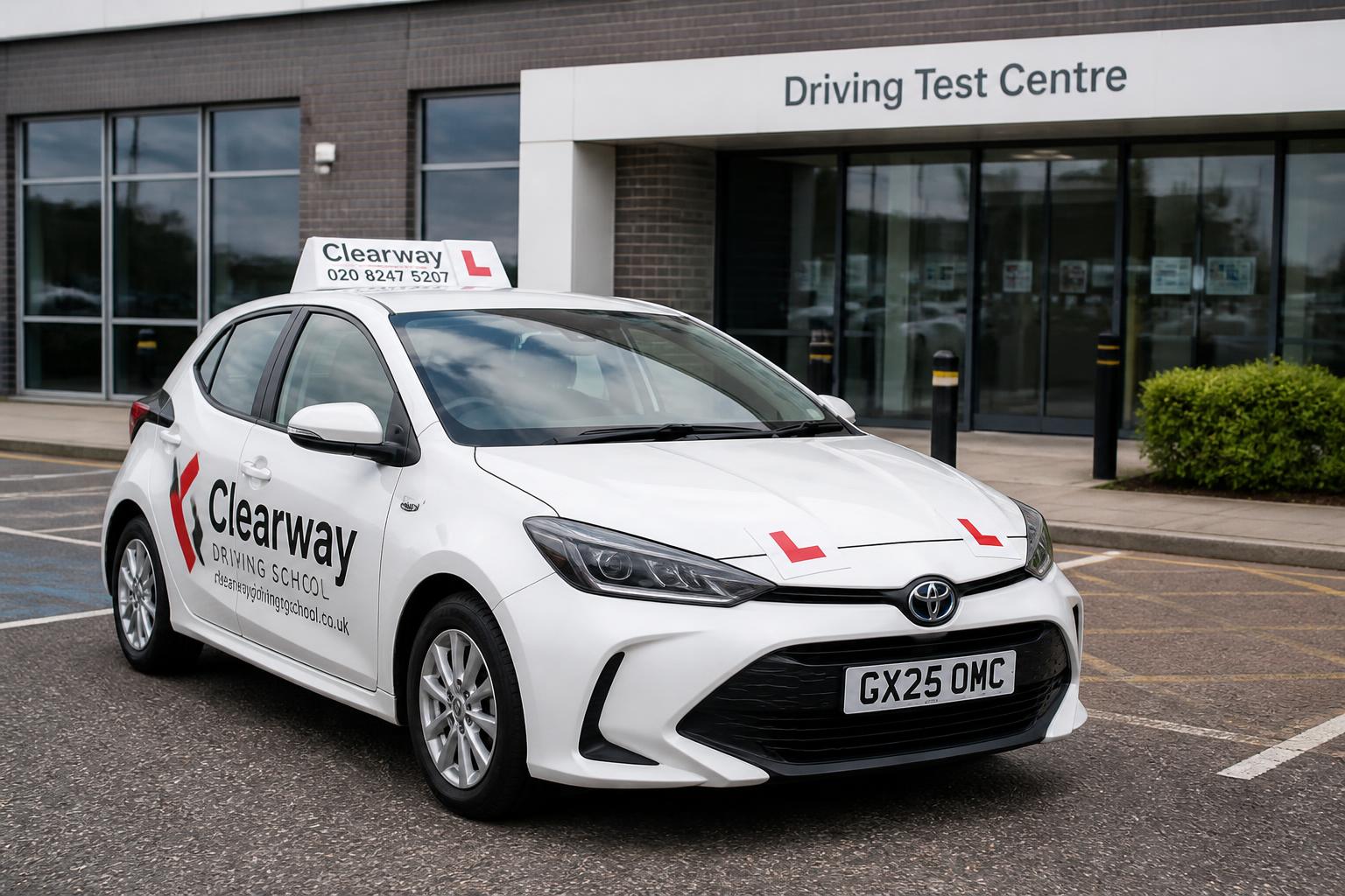 Dual-controlled car outside a UK driving test centre